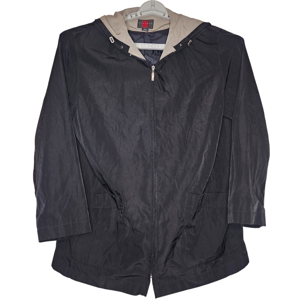 GALLERY Raincoat Jacket Womens Large Black Beige‎ Hooded Full Zip Lightweight